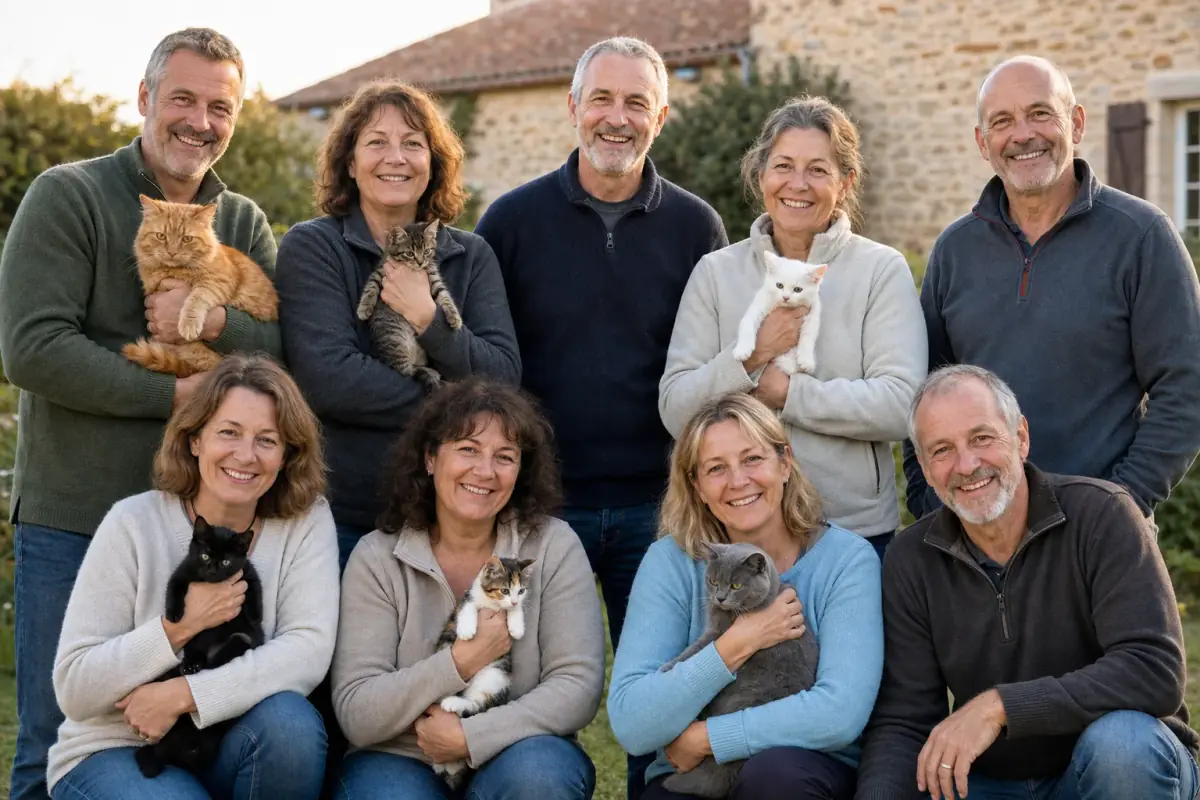 Groupe de bénévoles d’une cinquantaine d’années, 4 hommes et 5 femmes (tous les hommes sont barbus) posant joyeusement avec deux chats et quatre chatons