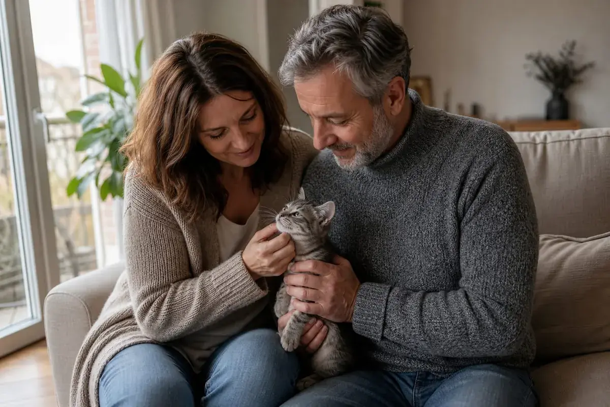 Couple d’une cinquantaine d’années n'ayant plus d'enfants à charge, souriant, chevelure grisonnante, accueillant un chaton chez eux.